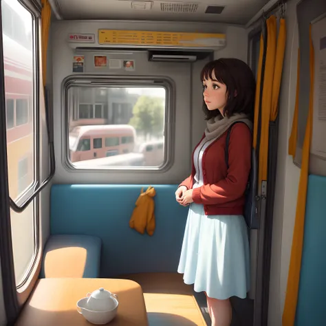 I want a picture of a woman 
Looking out the window of a Pixar-style bus