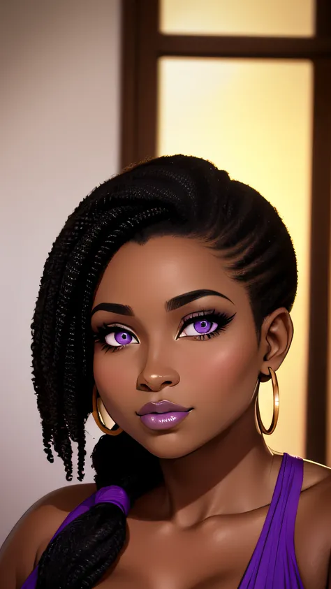 African woman face. portrait. forward facing. chubby. fat. very small breast. very dark dusky skin. dark espresso skin. humungous lips. wide nose. wide nose bridge.  big nostrils. purple eyes. black afro ponytail