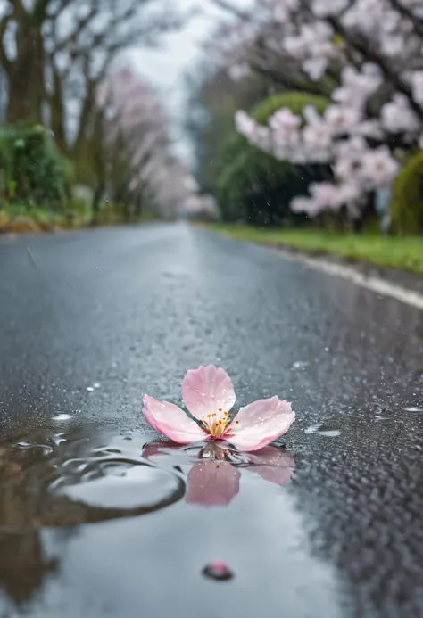 a single cherry blossom petal floating on the surface of a puddle on the road after the rain, with children in the background