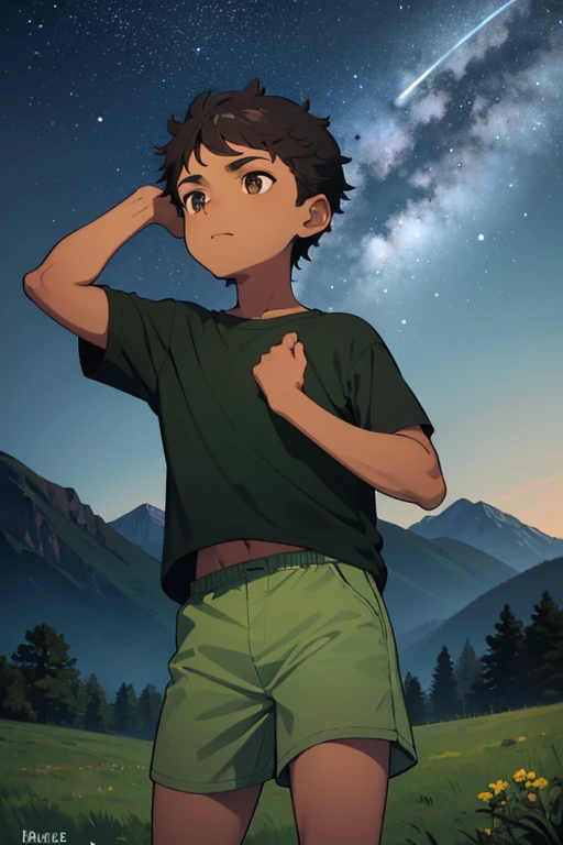 A young brown-skinned boy looks up at the night stars. He has short black hair and wears a green shirt and grey shorts. The background is grass with mountains behind him, with the stars shining, at nighttime. It is nighttime, and the boy is brown-skinned w...