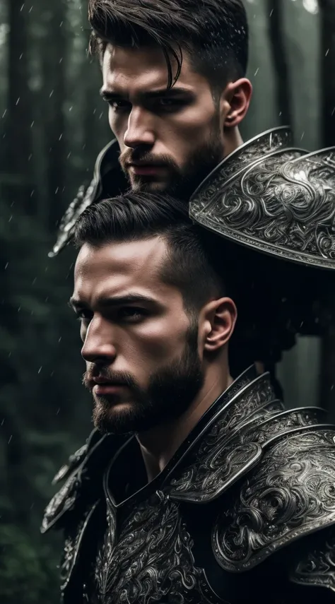 ultra detailed 8k cg, Perfect face, Crazy handsome face, Mature male, Armor, Clothing that exposes, spotlight, view the viewer, Hyperrealistic, Male strength, Stylish look, elegant, Forest background, rain, Foggy, short  hair