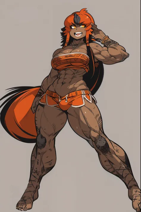 best quality, masterpiece, best shadows, black and orange hair, dark skin,,standing, full body, big breast, musclegirl, barbarian revealing cloths, , smile,#fashion design #warrior #woman #armor #clothing Trigger Words: barbarian_woman armor, smile open mo...