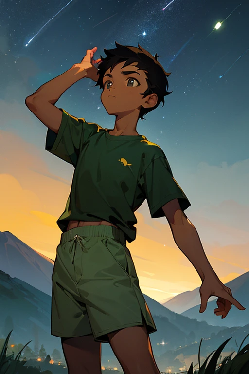 A young brown-skinned boy looks up at the night stars. He has short black hair and wears a green shirt and grey shorts. The background is grass with mountains behind him, with the stars shining, at nighttime. It is nighttime, and the boy is brown-skinned w...