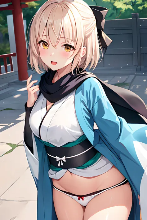 (extremely details CG), (Best Quality), Perfect face, Shiny skin, Lustrous skin,wide hips,   1girl in,Solo ,  Okitasoji Temple,arm guards,Wide sleeves,Bangs,Obi, White kimono, Shinsengumi, black thighighs, Yellow eyes,black thighhighs , Short kimono, haori...