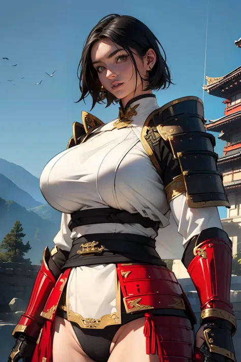 (High resolution, Pixels are perfect, luxurious illustration), (hyper quality, masutepiece, Ethereal: 1.4),(Solo:1.4), Black hair, ((((Very short hair)))), Yellow eyes, (angry), pale skin, (((((((muscular))))))), ((thick thighs)), ((Huge breasts)), (((((((...