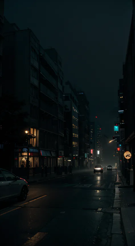 8k resolution, surreal, city streets, night, fog, thriller atmosphere, dimly lit tall buildings, ground level frame with city streets, dimly lit