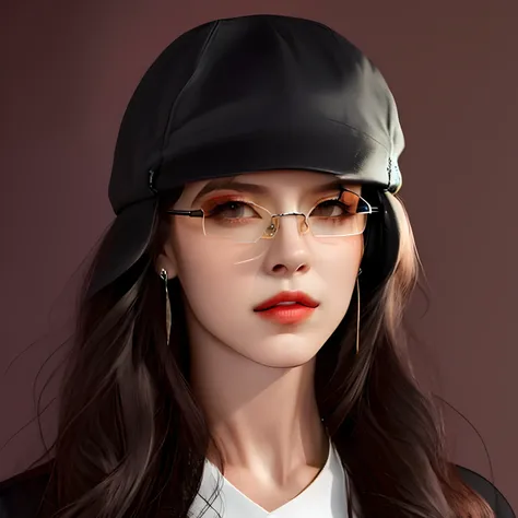 A realistic woman with real life type appearance. With short black hair and sunglasses. Com uma jaqueta e uma blusa preta.