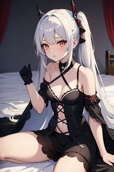 anime - style image of a woman in a black lingerie sitting on a bed, an anime drawing by Shitao, pixiv, fantasy art, seductive anime girl, small curvy loli, perfect white haired girl, from girls frontline, fine details. girls frontline, azur lane style, [ ...