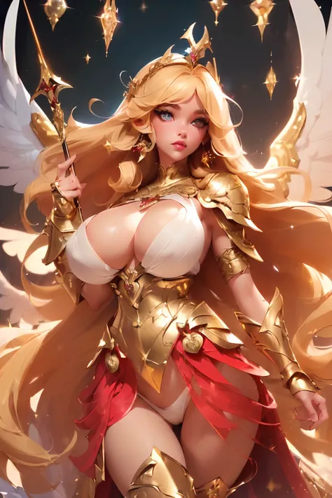 ((sexy tall supermodel)) ((beautiful face)) (red lipstick) ((big bright eyes)) ((very long blonde messy hair with long bangs covering one eye)) ((pale skin)) ((very huge breast:1.5)) (perfect body:1.3) ((wears tiny string thong)) ((sexy gold armour, big me...