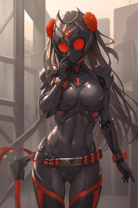 ​masterpiece, top-quality, 1girl in, (Mask), Compound eye helmet, Black Battlesuit, Exterior Silver Body Armor，Orange Rubber Belt Bondage Suit，Fate，suns，dancer，Colossal tits，Nice Buddy，Hand Hook，Brown hair，Red Flower Hair Ornament，