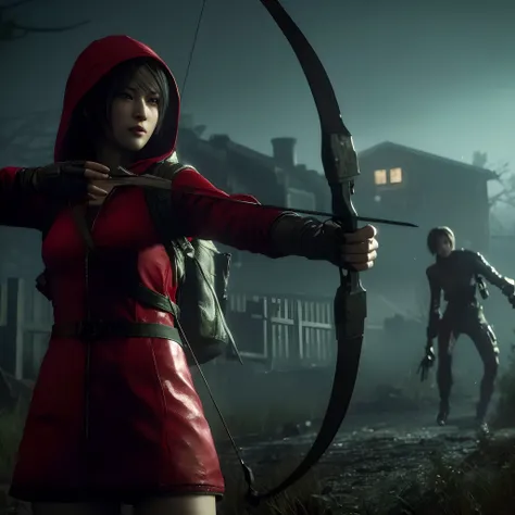 Ada wong, beautiful face, bob hair, perfect Face, wearing mini red dress hoody, wearing hoody, black nail polish, Aiming expression, glare