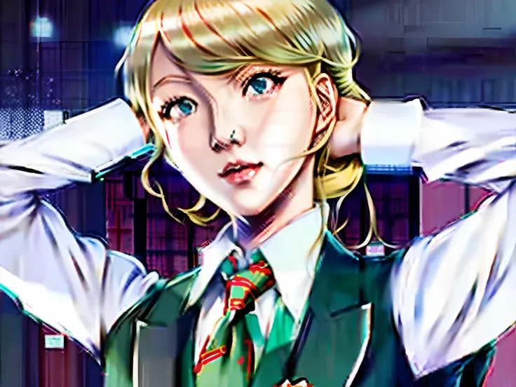 Anime girl with blonde hair and blue eyes in green tie, ann takamaki from persona 5, chiaki nanami from danganronpa, Persona 5 Style, persona art style, persona 5 phantom thief style, rena nounen style 3/4, persona 5 art style, tatsumaki, inspired by Kamis...