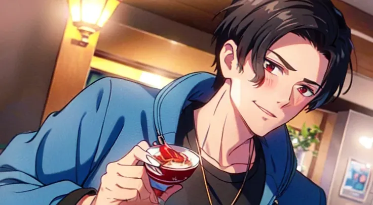 masterpiece, (1Boy), luci, red eyes, black hair, look at viewer, blush, light smile, gripping necklace in hand, holding necklace