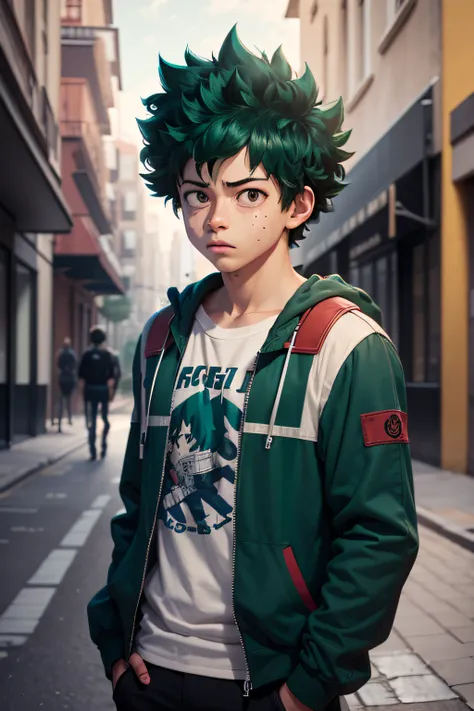 (midoriya_izuku), half body shot, street wear, a handsome boy, frontal, worried,on the street, super high detail, high real, 4k,...