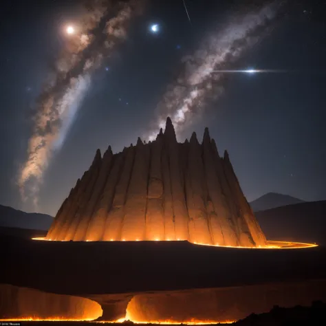 Alien base (Very detailed) In the mountainous desert，There are several exhaust fans and chimneys, Some spotlights come out of the base to illuminate dark places, (Extreme nights), Some clouds in the night sky, Some of the surrounding planets provide air to...