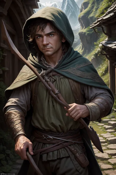 (best quality,ultra-detailed,realistic:1.37),a hobbit male thief,holding a bow in his left hand,a glimpse of mischievousness in his eyes,looking straight ahead, the hood of his cloak pulled up