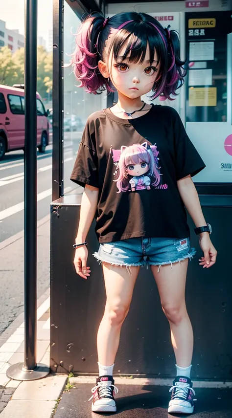 Little girl standing, chibi girl, black high-tops, mid-calf socks, shorts, medium hair, poker face, bus stop, city, black high-tops, colourful shirt, colourful top, t-shirt, cute hairstyle