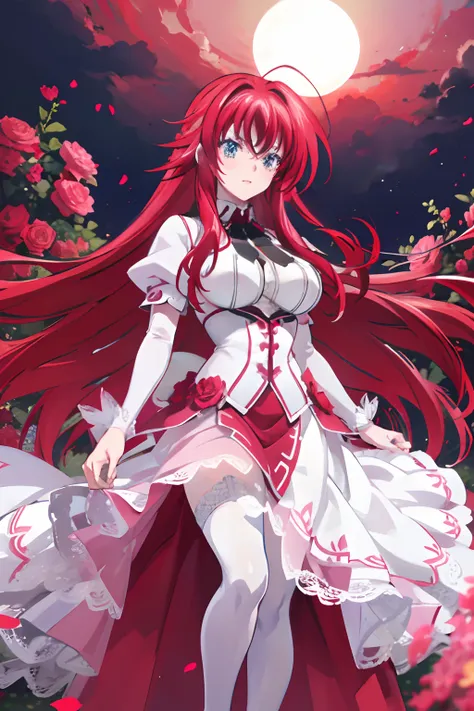 realistic, 1girl, rias gremory, red hair, white hair, blue eyes, glowing eyes, white and pink wedding gown, red skirt, pink pant...