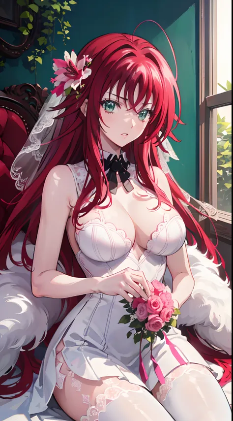 realistic, 1 girl, rias gremory, red hair, white hair, green eyes, light eyes, white and pink wedding dress, red dress, pink tig...