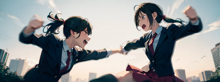 2girls,fistfighting,fighting stance,angry,masterpiece,painful,