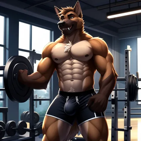 Male, solo, anthro, German Shepard, brown body, gym, (tight gym shorts), detailed lighting, brown chest tuft, slim body, (detailed bulge, detailed genitals), (bare chest), (detailed genital outline), (tenting (shorts)), (outstretched (shorts)), snout, long...