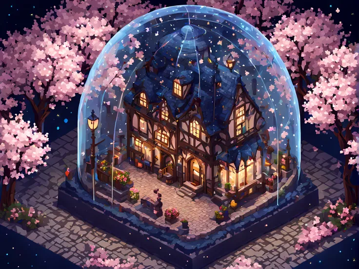 cute cartoon, cutecartoonaf, (((under a long glass dome))), (isometric style:1.3), (pixel art:1.3), medieval ((street)) with che...