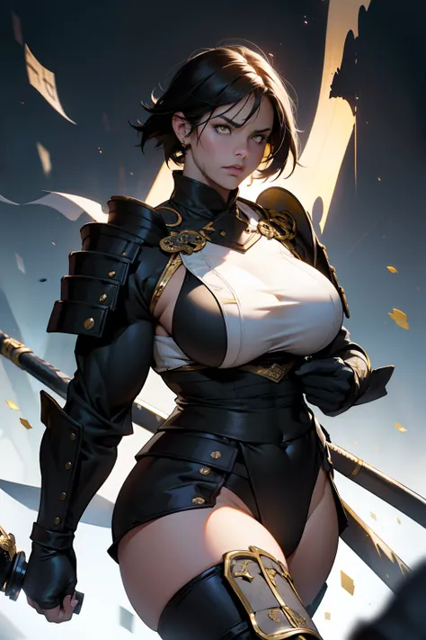 (High resolution, Pixels are perfect, luxurious illustration), (hyper quality, masutepiece, Ethereal: 1.4),(Solo:1.4), Black hair, ((Very short hair)), (Yellow eyes), ((angry)), pale skin, (((((((muscular))))))), ((thick thighs)), ((Huge breasts)), (((Woma...