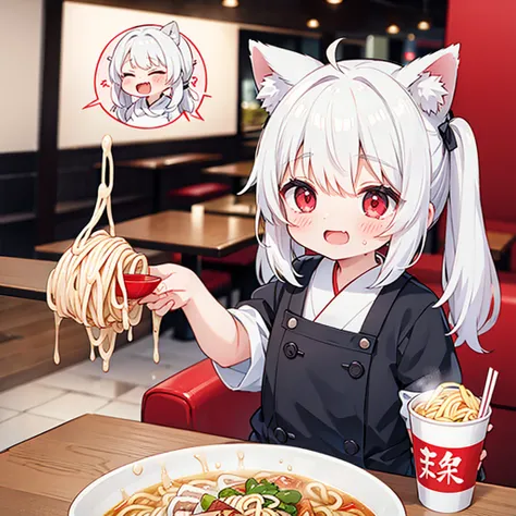 8K，超高分辨率，（tmasterpiece，best qualtiy：1.2），A high resolution，high detal，A petite girl，Cute anime girls，Wolf ears，White color hair，red eyes，chubby face，long whitr hair，pigtails，Laughing，Blush，Eat noodles at restaurants