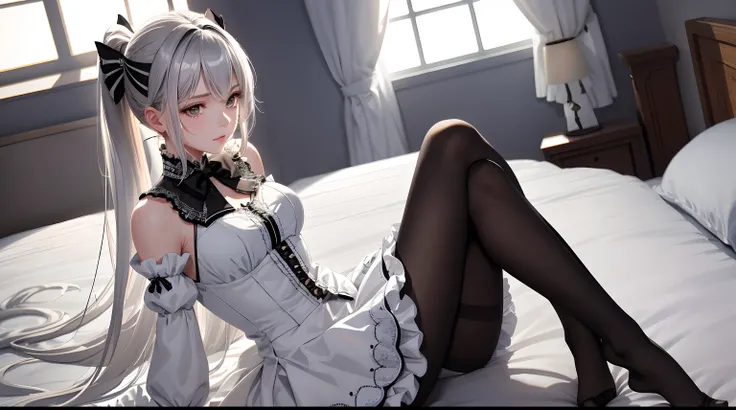 1 girl! Ray tracing, Best Shadows, High resolution (Dim lighting) Detailed background (Bedroom) (Fluffy silver hair, Big Slim Girl) (with high ponytail) Restlessness in the bedroom, Avoid blonde eyes (Black high-waisted pants with intricate embroidery and ...