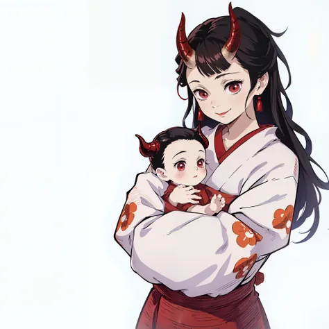 (masterpiece, best quality:1.2), (1girl, 1baby), upper body, kimono, black long hair, (red demon horns, red eyes), big smile, holding baby, Japanese old style room, wooden bed