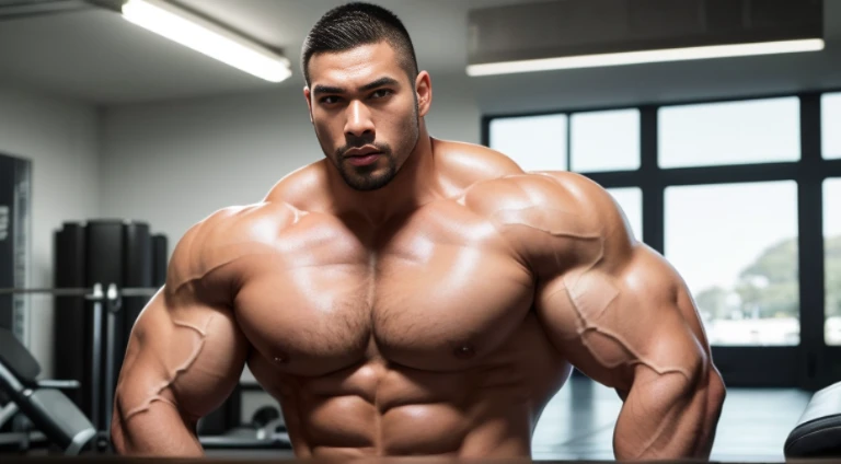 (Very detailed 8k wallpaper), Strong Asian Men, At the gym, high detailing, buzzcut, very large and strong body, bulging muscles, well-muscled, very large pectoral muscles. Very sexy abs, legs are muscular, Toned figure, lightens oily skin, muscular, Tank ...