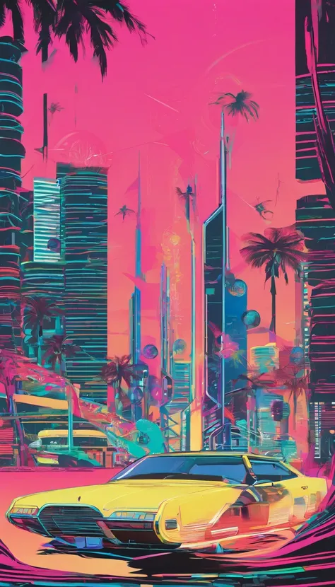 Hiroshi Nagai，sea side，Palm trees，retrofuturism, Street (((soviet union)))), The future of utopia, android, Flying Droid, Overgrown buildings, Winters, (starry nights), Neon light, 4K, wall-paper,科幻小说,illuminating,Environmental concept art&amp;designs,digi...