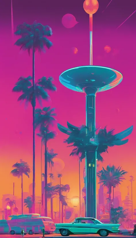 Hiroshi Nagai，sea side，Palm trees，retrofuturism, Street (((soviet union)))), The future of utopia, android, Flying Droid, Overgrown buildings, Winters, (starry nights), Neon light, 4K, wall-paper,科幻小说,illuminating,Environmental concept art&amp;designs,digi...