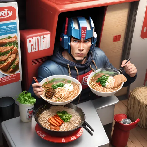 Optimus Prime eating ramen in a hurry