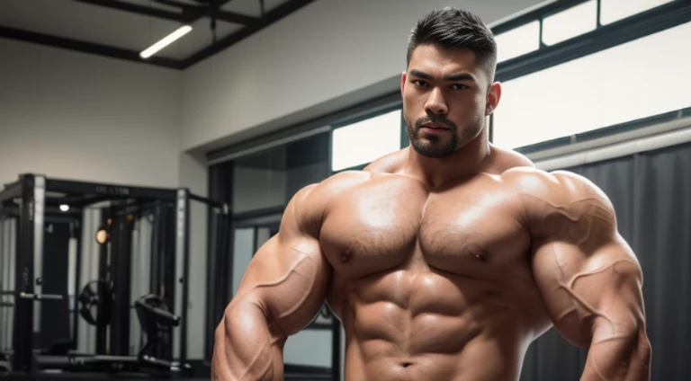 (Very detailed 8k wallpaper), Strong Asian Men, At the gym, high detailing, buzzcut, very large and strong body, bulging muscles, well-muscled, very large pectoral muscles. Very sexy abs, legs are muscular, Toned figure, lightens oily skin, muscular, Tank ...