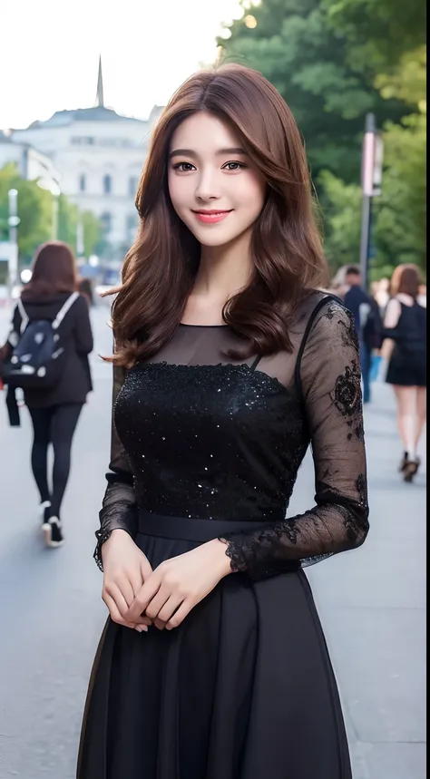 ((Best quality, 8k, Masterpiece :1.3)), 1girl, smiling, full body, slim face, Pretty woman, (Dark brown hair), full length dress :1.1, Ultra-detailed face, Detailed eyes, Double eyelid, blur background, slim face, city, outside, street,