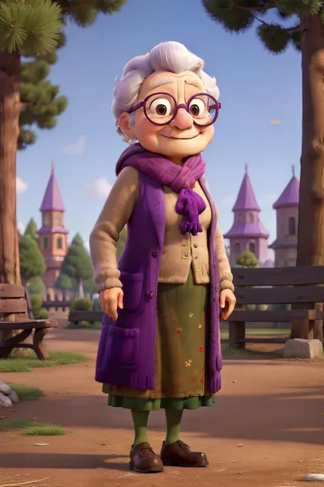 masterpiece, best quality, an old woman with glasses and a scarf on, wearing a purple coat and green scarf, standing at the park