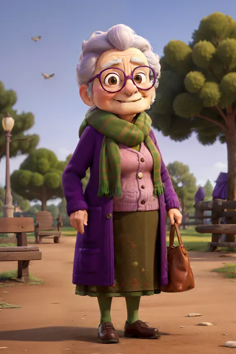 masterpiece, best quality, an old woman with glasses and a scarf on, wearing a purple coat and green scarf, standing at the park