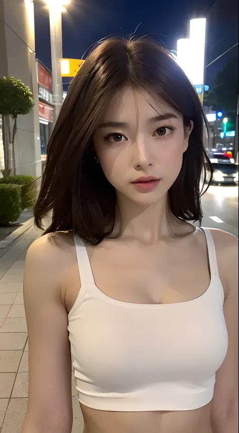 ((Realistic lighting, Best quality, 8K, Masterpiece: 1.3)), Clear focus: 1.2, 1girl, Perfect Figure: 1.4, Slim Abs: 1.1, ((Dark brown hair)), (White crop top: 1.4), (Outdoor, Night: 1.1), City streets, Super fine face, Fine eyes, Double eyelids,