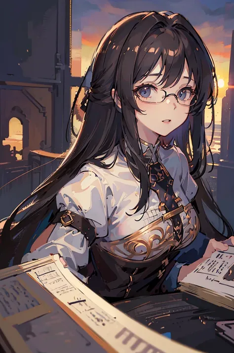 (((Masterpiece))),(((Best quality))),(((Amazing detail))),((illustration)),((A high resolution)),((8K)),((Anatomically correct)),Brown long hair,High ponytail,Delicate hair,a matural female,black-frame glasses,Light smile,adjusting eyewear,angle of view,An...