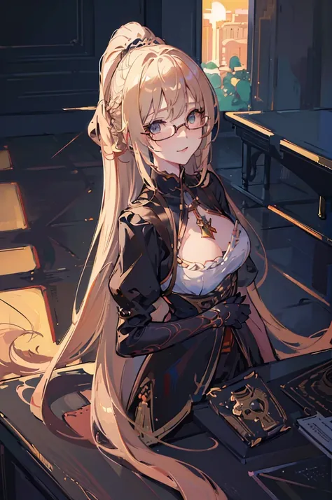 (((Masterpiece))),(((Best quality))),(((Amazing detail))),((illustration)),((A high resolution)),((8K)),((Anatomically correct)),Blonde long hair,High ponytail,Delicate hair,a matural female,black-frame glasses,Light smile,adjusting eyewear,angle of view,A...