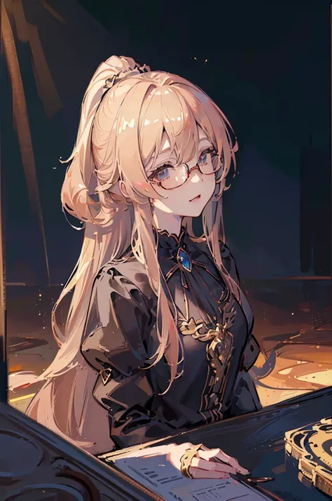 (((Masterpiece))),(((Best quality))),(((Amazing detail))),((illustration)),((A high resolution)),((8K)),((Anatomically correct)),Blonde long hair,High ponytail,Delicate hair,a matural female,black-frame glasses,Light smile,adjusting eyewear,angle of view,A...