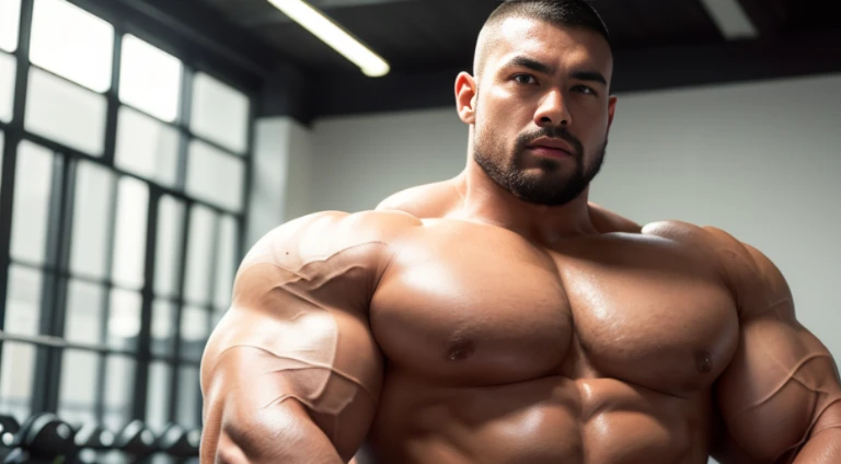 (Very detailed 8k wallpaper), Strong Asian Men, At the gym, high detailing, buzzcut, very large and strong body, bulging muscles, well-muscled, very large pectoral muscles. Very sexy abs, legs are muscular, Toned figure, lightens oily skin, muscular, Tank ...