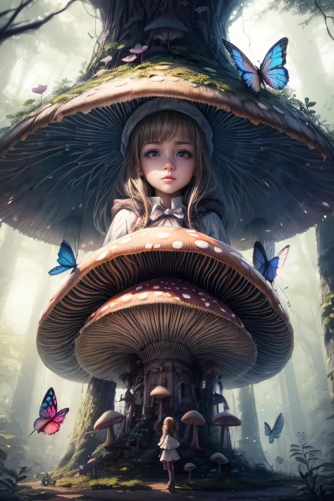 "Magical encounter, closeup young girl exploring, gigantic mushroom, ethereal butterflies, misty wonderland, enchanting details"