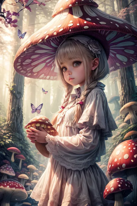 "Magical encounter, closeup young girl exploring, gigantic mushroom, ethereal butterflies, misty wonderland, enchanting details"