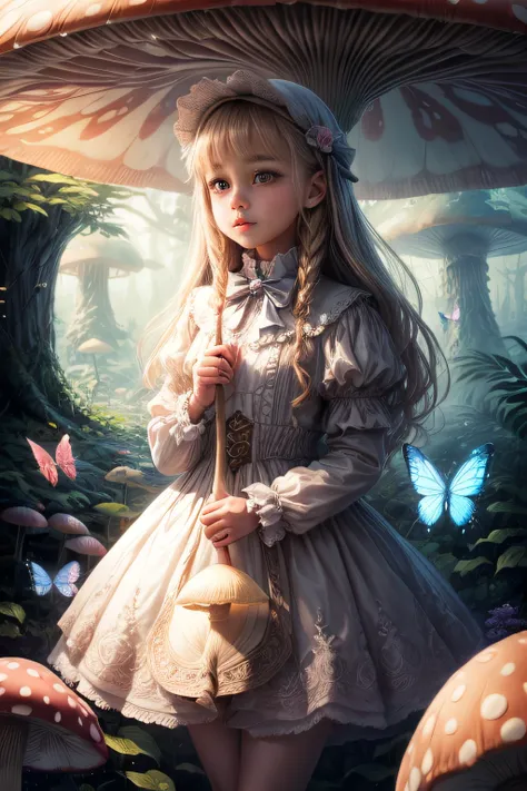 "Magical encounter, closeup young girl exploring, gigantic mushroom, ethereal butterflies, misty wonderland, enchanting details"