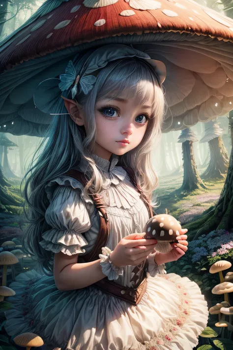 "Magical encounter, closeup young girl exploring, gigantic mushroom, ethereal butterflies, misty wonderland, enchanting details"