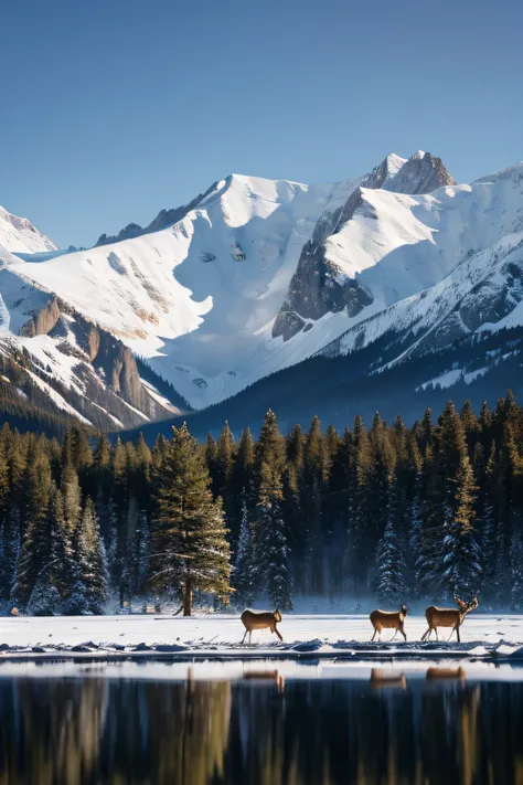 snow mountains，lakes，plateau，Forest meadows，A herd of deer，4k