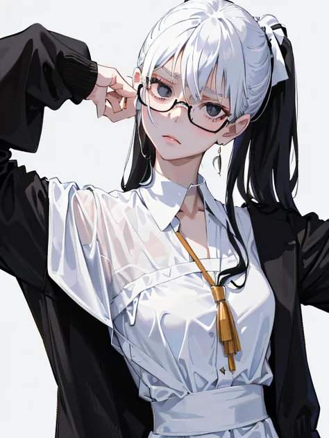 ((masutepiece, Best Quality)), (1girl in), (Solo), (female focus), black ponytail hair, Black eyes, ((White shirt，High School Seniors，The upper part of the body，Cold eyes，serious facial expression，Black glasses，