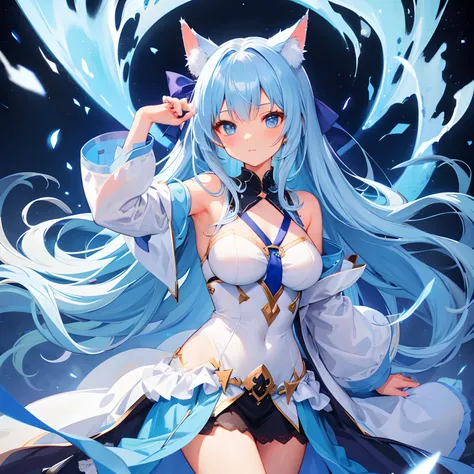 Light blue long-haired。cat ear。Fantastical。ren。Good image quality。Outfits with exposure。oppai。Tie up your hair while sucking on it。